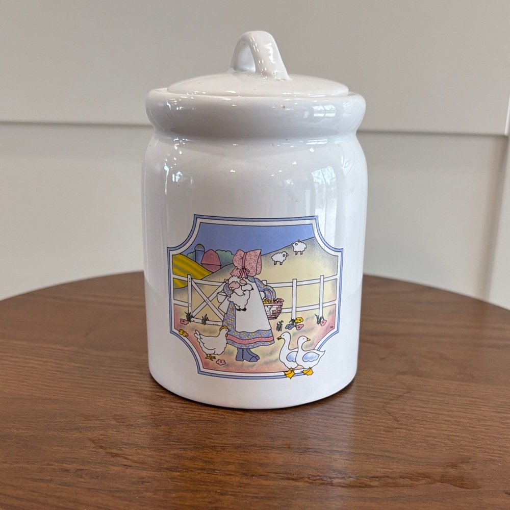 Vintage White Ceramic Canister Jar with Pastel Farmgirl Scene extra small